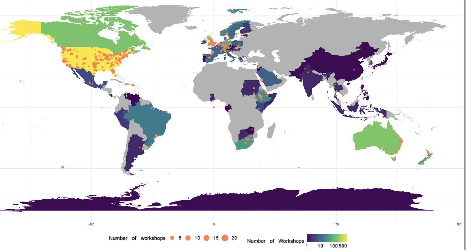 Map showing distribution and number of Carpentries workshops globally